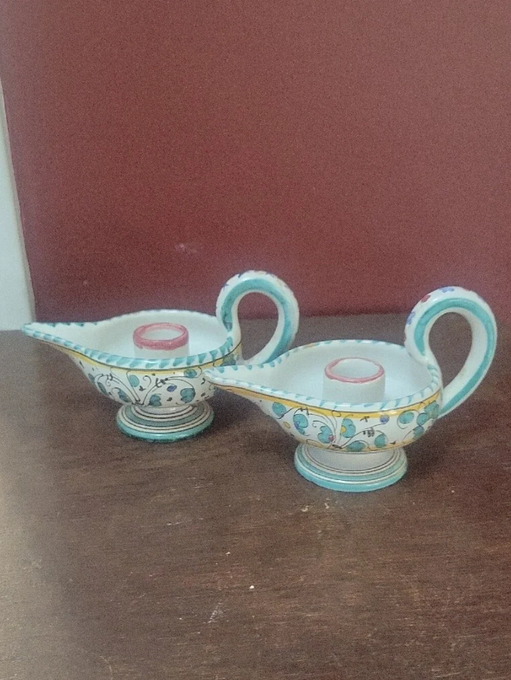 DERUTA ITALY Hand-Painted Turquoise/White Ceramic Candle Holders Genie/Aladdin